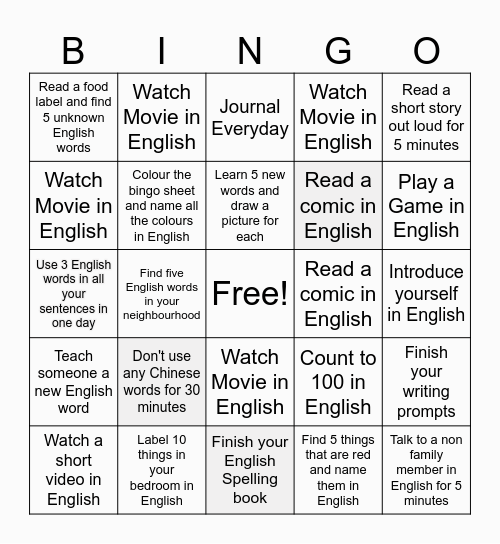 English Bingo!! Bingo Card
