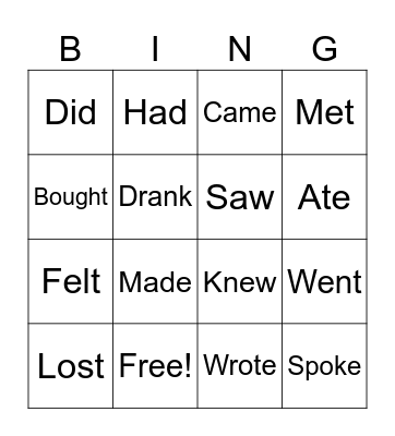 Irregular verbs Bingo Card