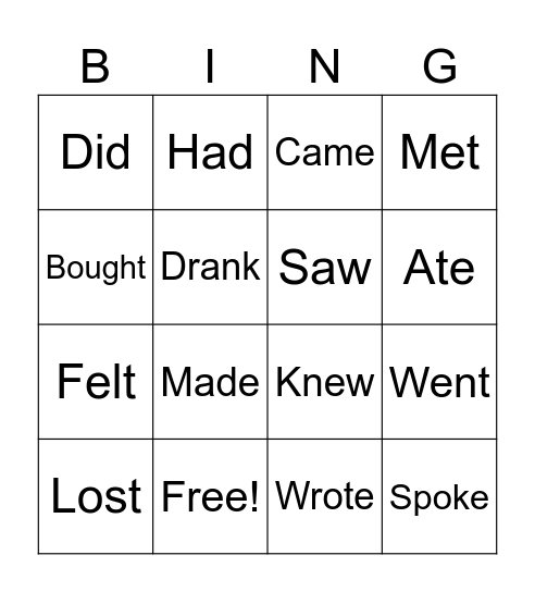 Irregular verbs Bingo Card