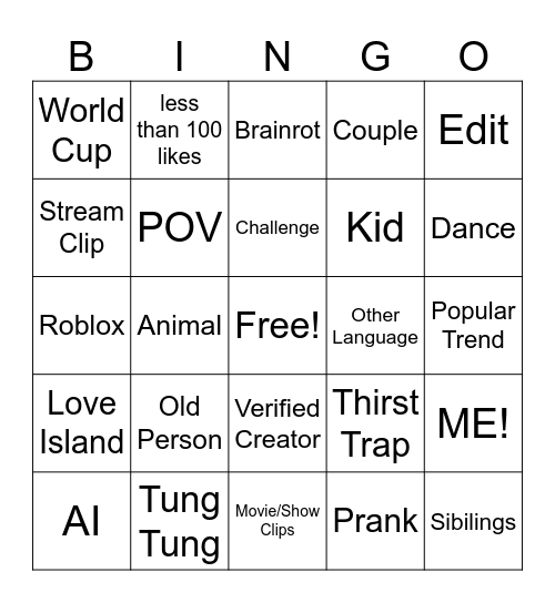 Tiktok Bingo Card