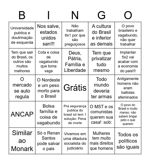 Bingo Top Ragebait da Atualidade Bingo Card