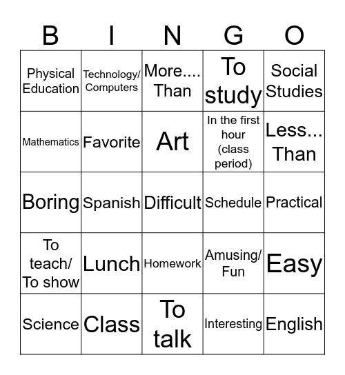 S1- Unidad 1 Parte 2B Bingo Card