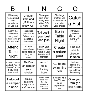 Tuolumne Side Quests: CIT Edition Bingo Card