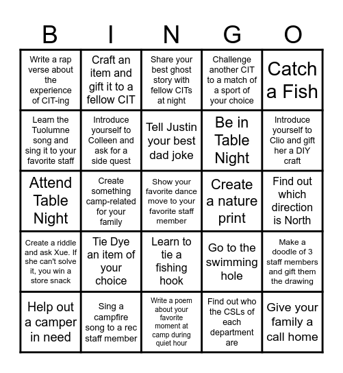 Tuolumne Side Quests: CIT Edition Bingo Card