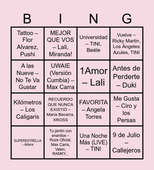 Bingo Musical Bingo Card