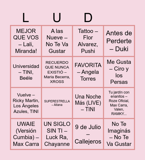 Bingo Musical Bingo Card