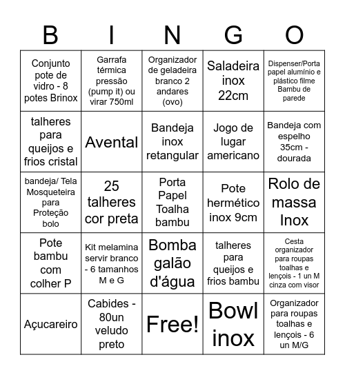 Chá de Panela Bingo Card