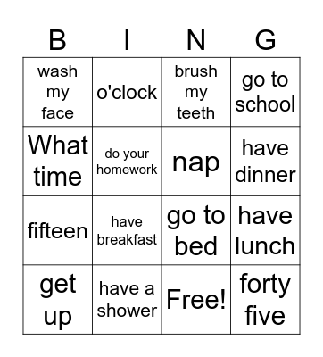 What time do you go to school? Bingo Card