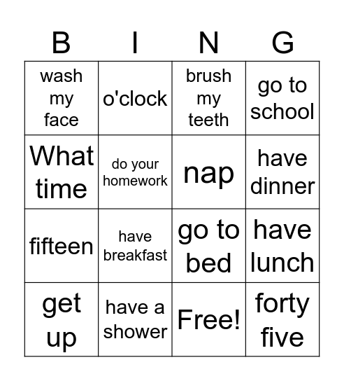 What time do you go to school? Bingo Card