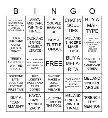 LOVE ISLAND BINGO Card