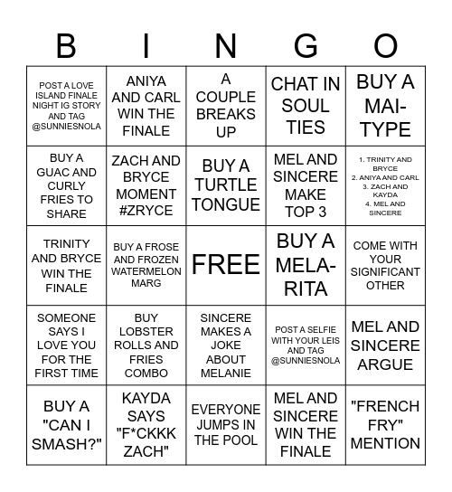 LOVE ISLAND BINGO Card