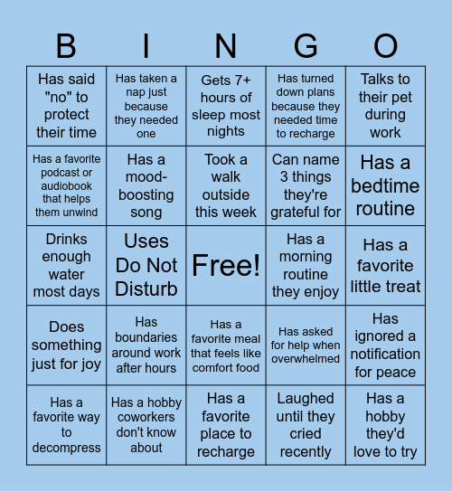 Well-Being Bingo Card