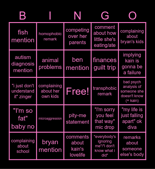 Sinister Sara Bingo Card