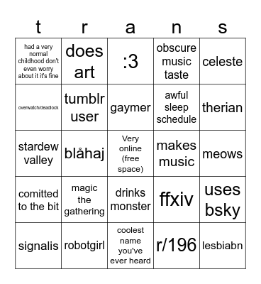tgirl bingo Card