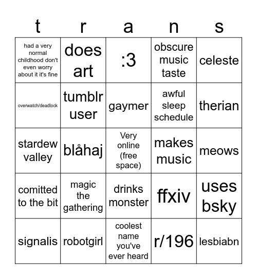tgirl bingo Card
