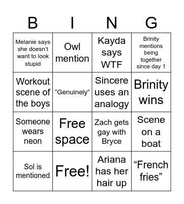 Love Island finale Bingo Card