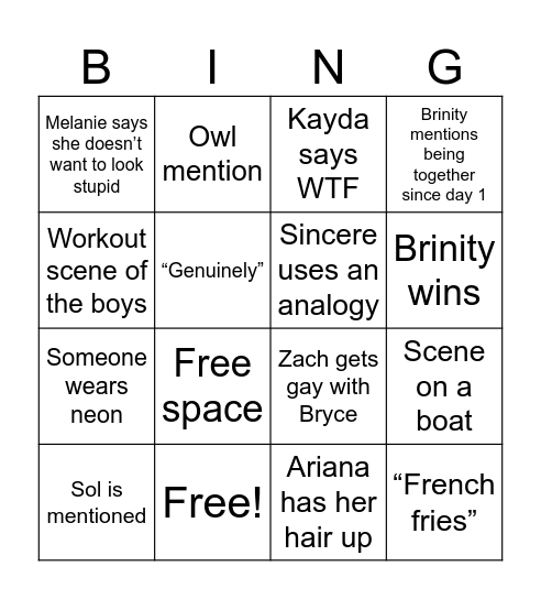 Love Island finale Bingo Card