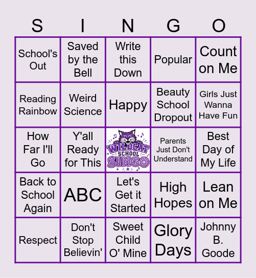 Wildcat School Singo Bingo Card