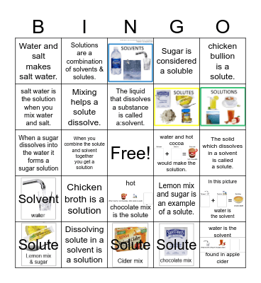 Solvent Solute and Solution Bingo Card
