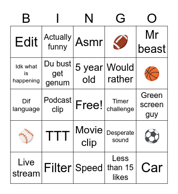 Yt shorts bingo Card