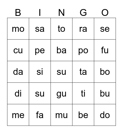 Bingo con Sílabas Bingo Card