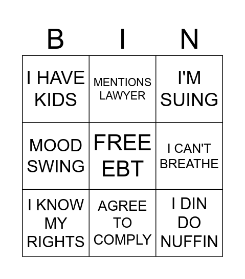 BLACK FATIGUE BINGO Card