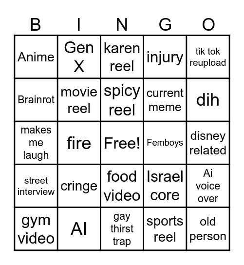 Instagram reel bingo Card