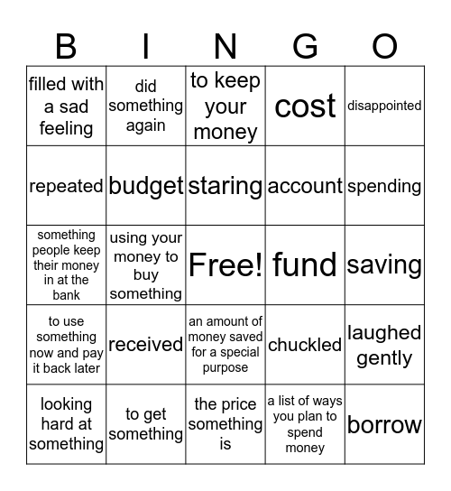 Spelling List Financial Literacy Bingo Card