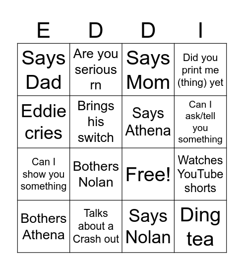 Things Eddie will say/do Bingo Card