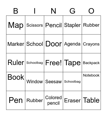 School objects Bingo Card