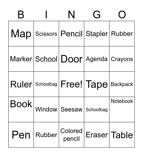 School objects Bingo Card