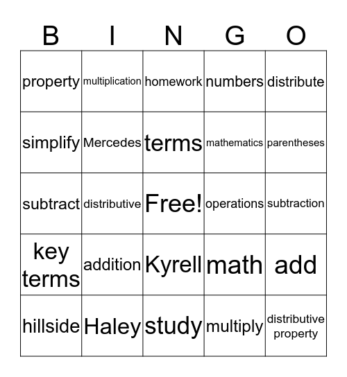 math bingo destributive property Bingo Card