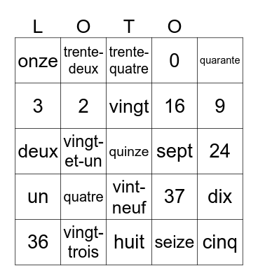 LOTO - Les nombres de 21 à 40 Bingo Card