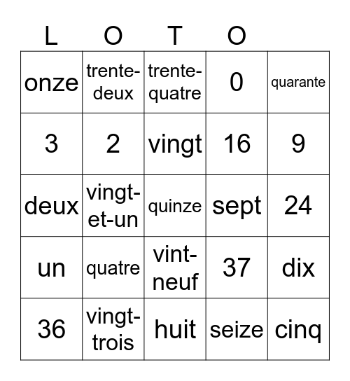 LOTO - Les nombres de 21 à 40 Bingo Card
