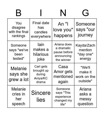 Love Island Finale Bingo Card