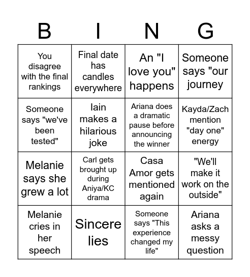 Love Island Finale Bingo Card