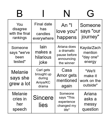 Love Island Finale Bingo Card