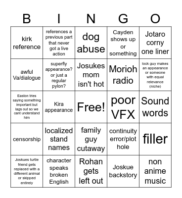 JJBA P4 Bingo Card