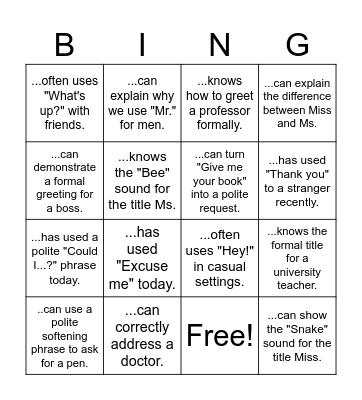 Polite Phrases BINGO Card