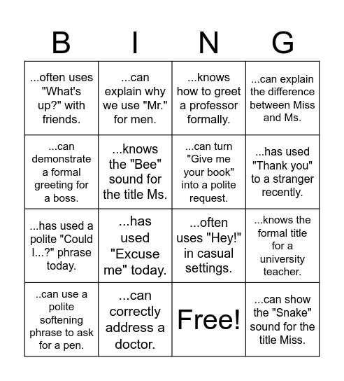 Polite Phrases BINGO Card