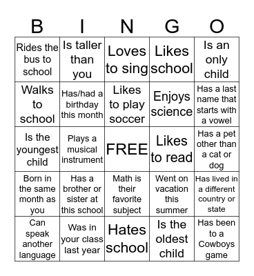 CLASSROOM BINGO Card