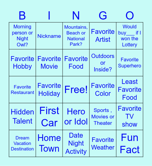 PG Bingo! Get to know me :) Bingo Card