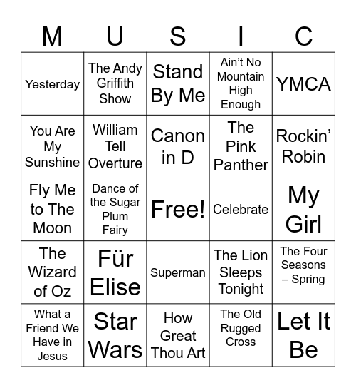 Music in the Glen Bingo Card