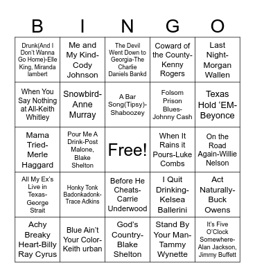 Country Musical Bingo Card