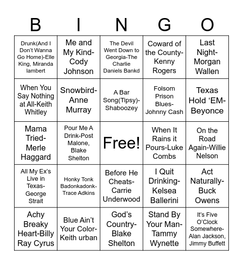 Country Musical Bingo Card