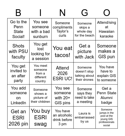 ESRI UC 2026 Bingo Card