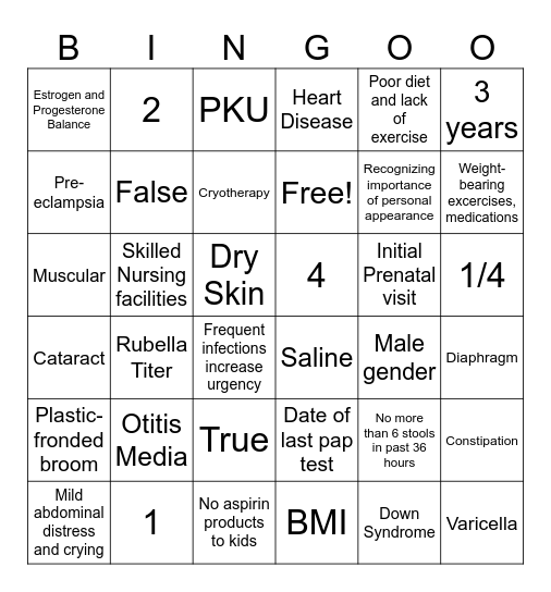 OBGYN, Peds, Geriatrics Test Review Bingo Card