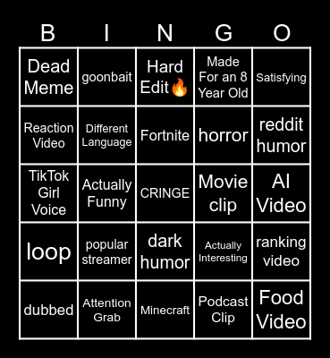 YouTube Shorts Bingo Card