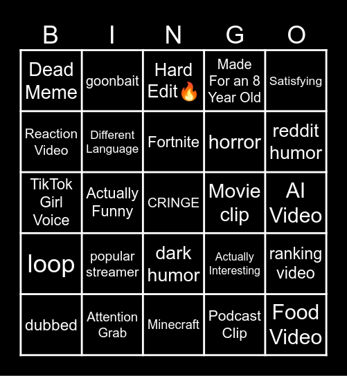 YouTube Shorts Bingo Card