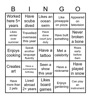 Coworker Connections Bingo Card